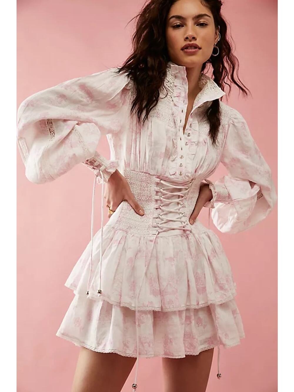 FillyBoo Gazebo Linen Toile Pink Floral Mini Dress XS